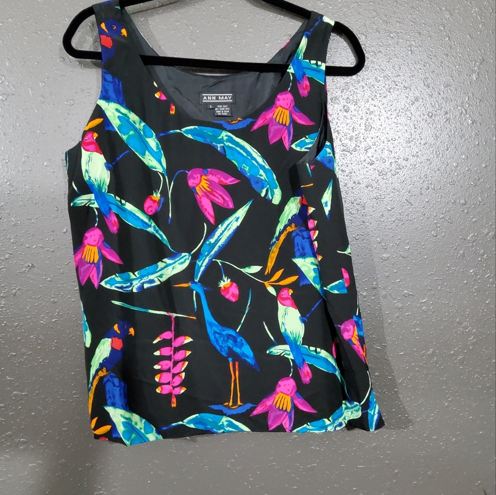 Ann May Women's Black Floral Tank Top 100%Silk